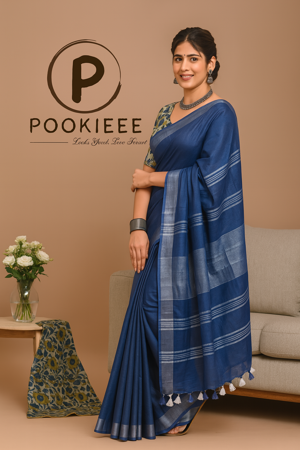 Plain Cotton Linen Saree with Blouse Piece